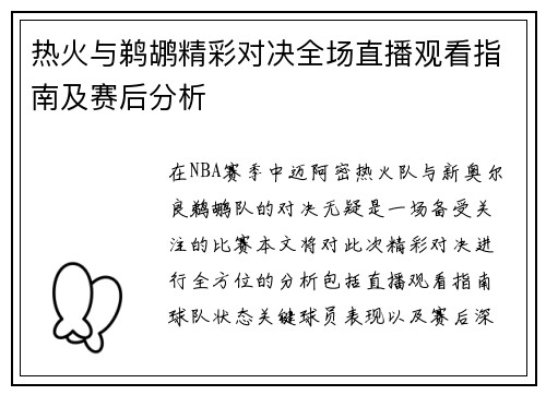 热火与鹈鹕精彩对决全场直播观看指南及赛后分析